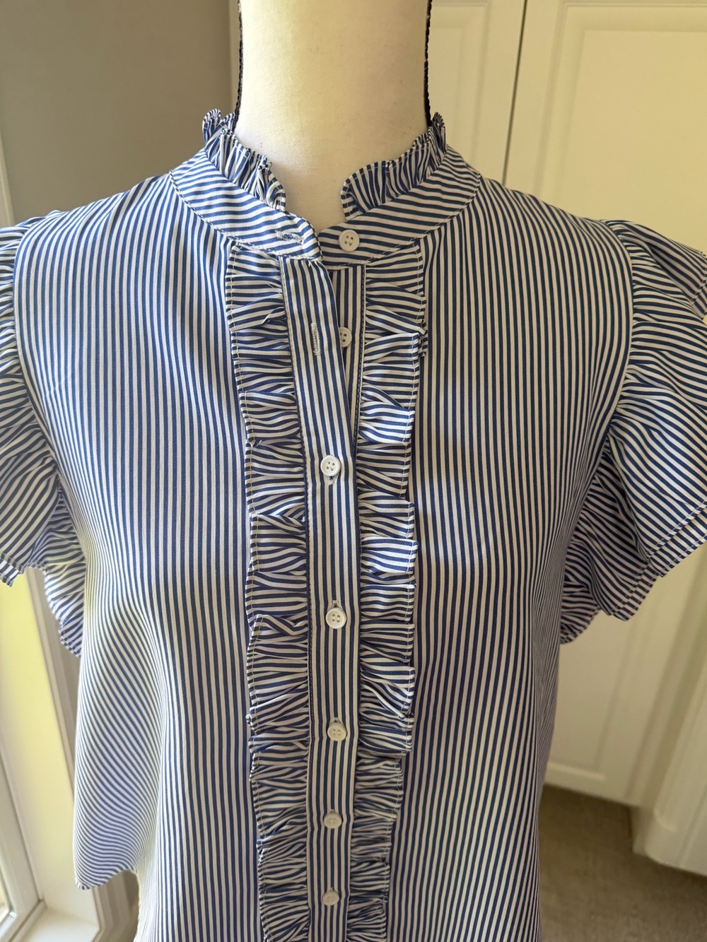 eesome Blue and White Striped Ruffle Button-Front Cap Sleeve Blouse